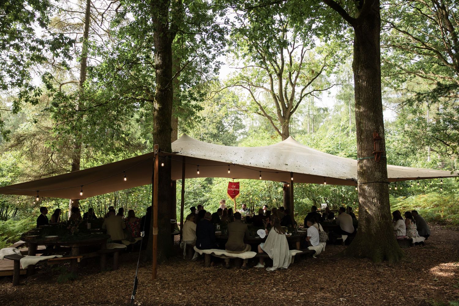 Canvas stretch tent pitched between large trees in the forest, decorated with bulb lights. A group of wedding guests sit beneath it.