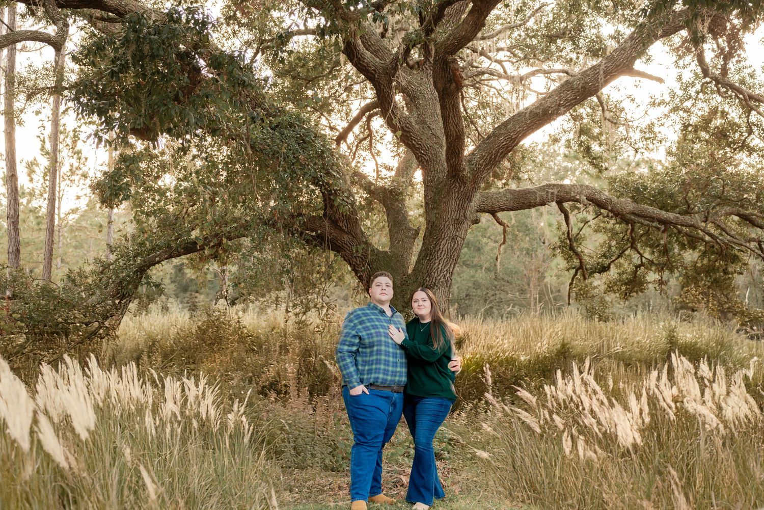 Couple standing together in tall golden grass beneath a large oak tree at sunset.