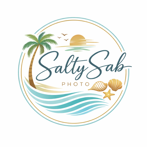 Circular coastal logo for Salty Sab Photo with a palm tree, turquoise waves, seashells, and a golden sunset.