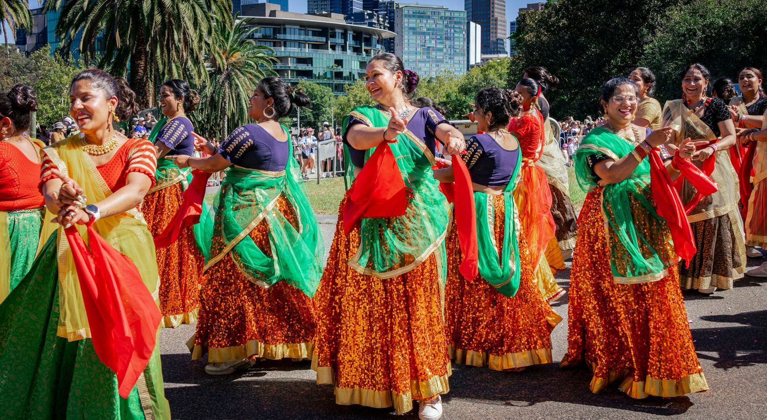 Traditional dance group in colourful costumes at Melbourne festival