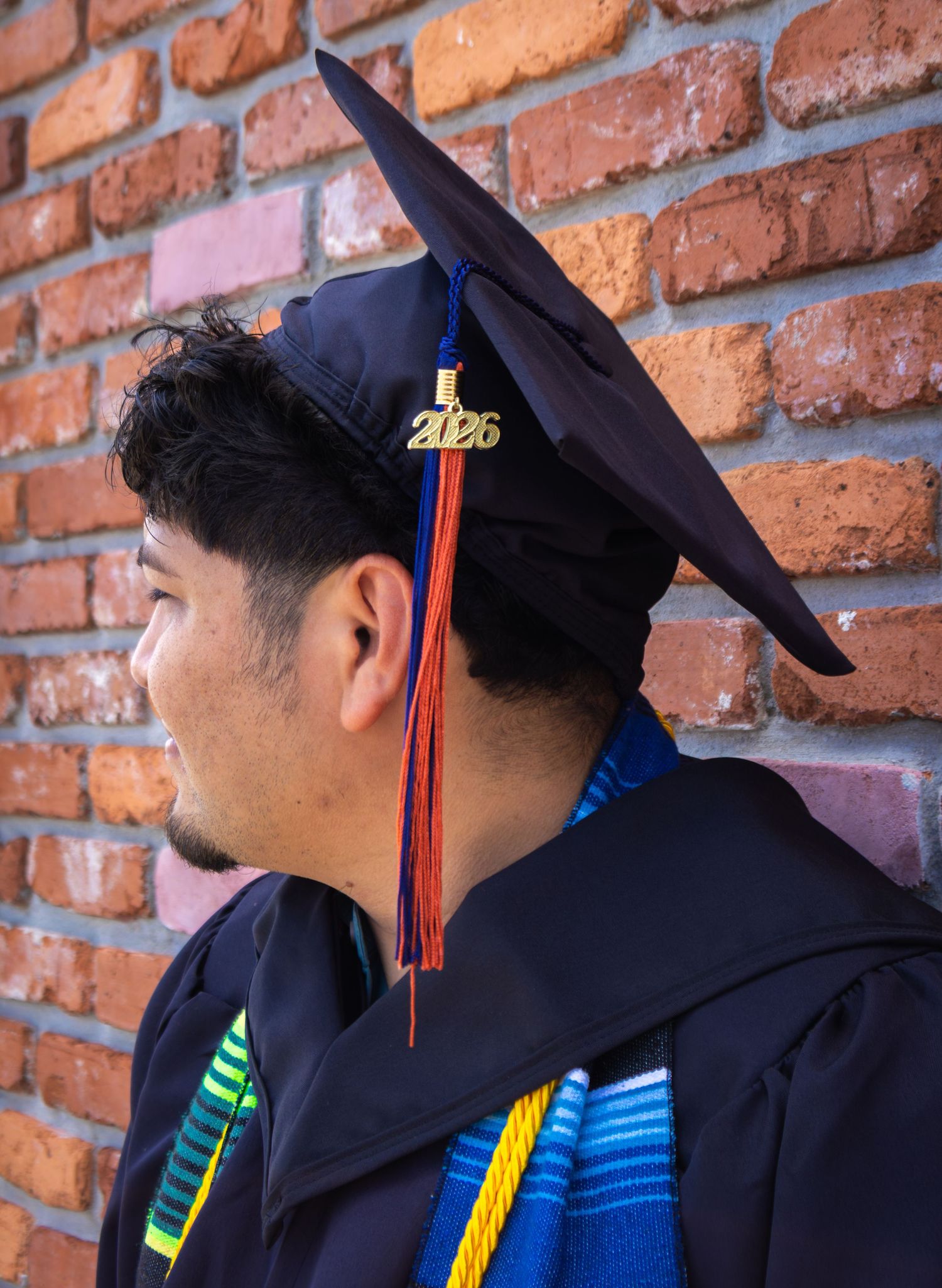 Graduate in black cap and gown with 2026 tassel poses against brick wall, wearing colorful honor cords.