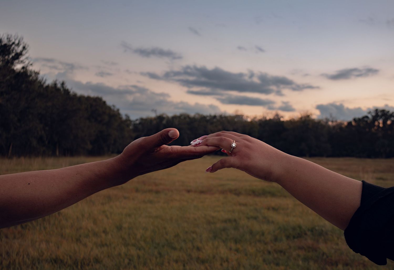 Two hands reaching toward each other at sunset over a grassy field with trees in the background.