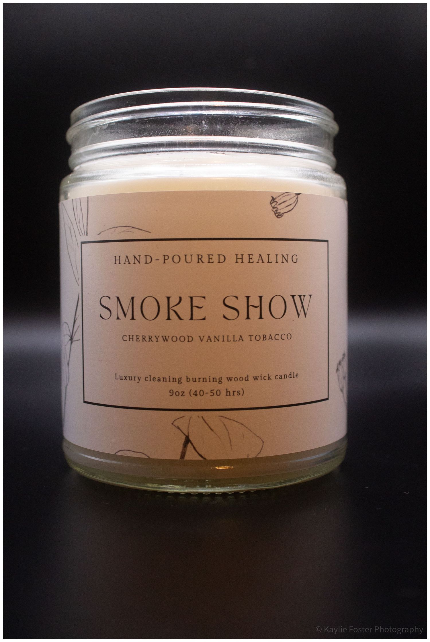 Hand-Poured Healing Smoke Show Cherrywood Vanilla Tobacco luxury wood wick candle in glass jar.