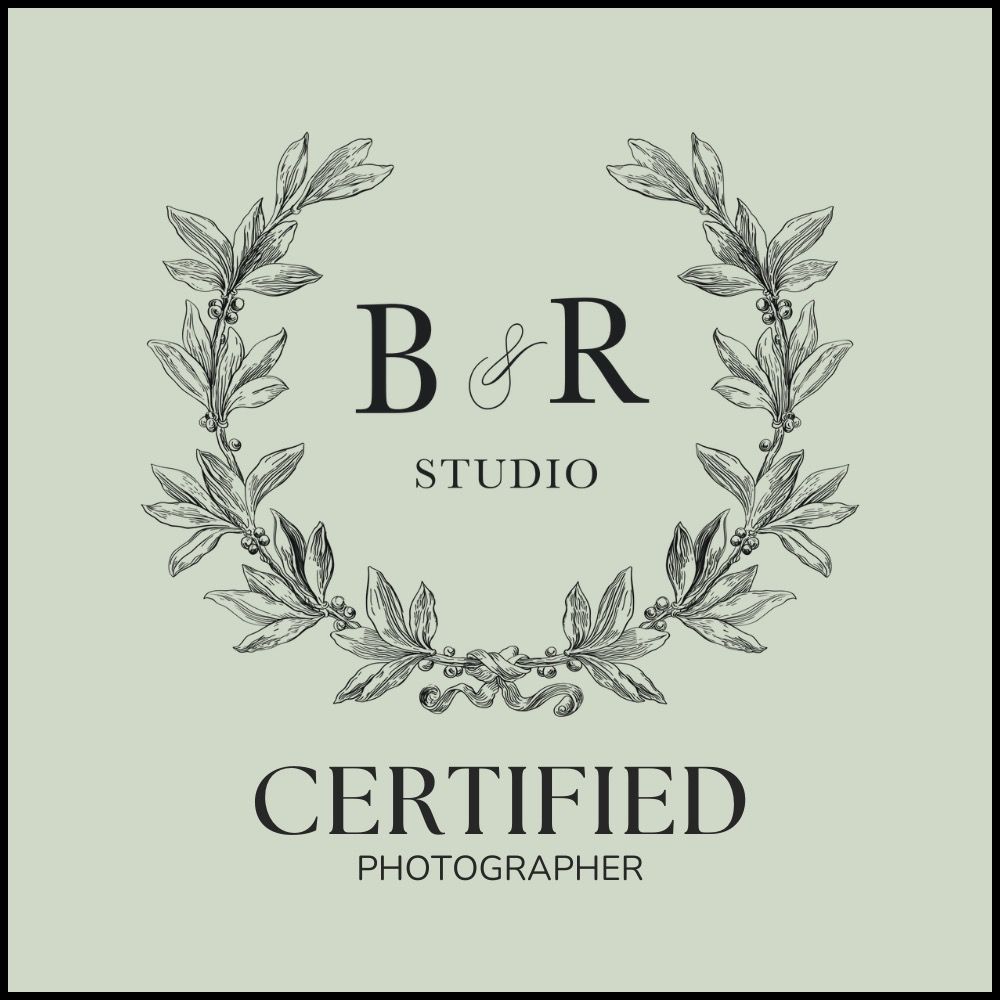 B&R Studio certified photographer logo with elegant botanical wreath design on sage green background.