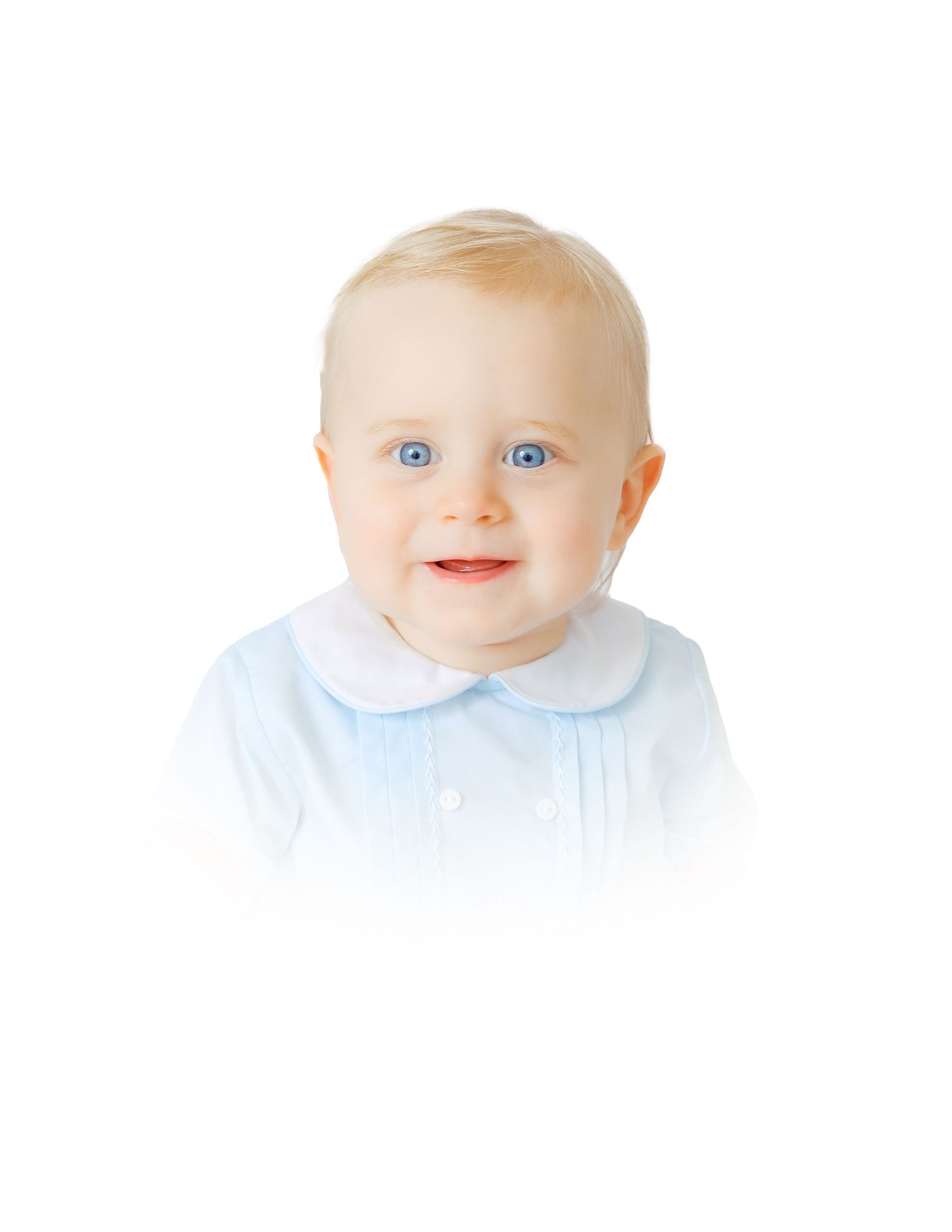 Smiling blue-eyed baby in light blue Peter Pan collar shirt against a soft white background.