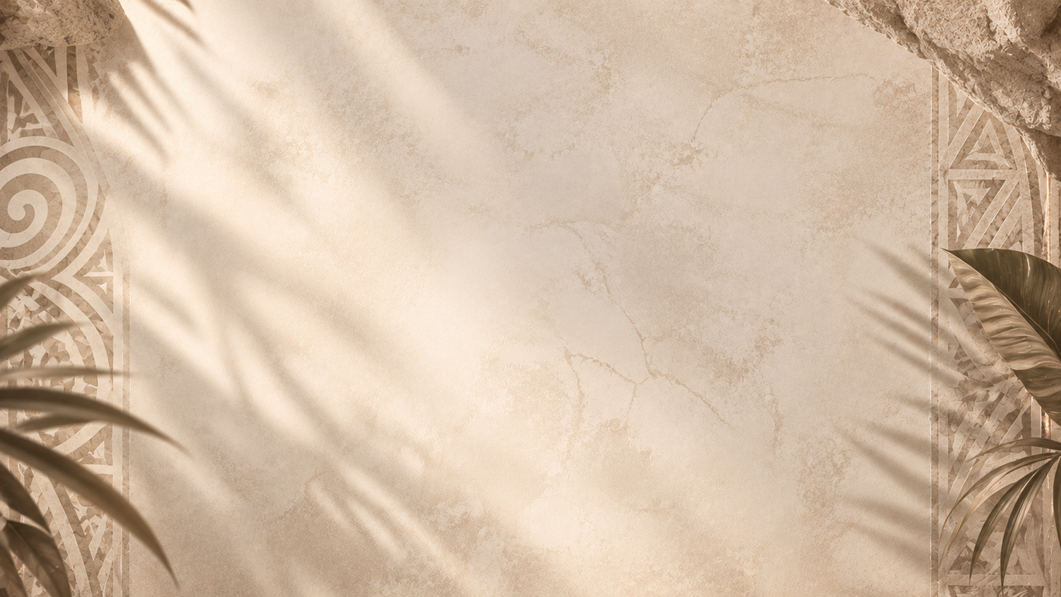 Beige stone texture background with palm tree shadows and intricate tribal spiral patterns in earthy tones.