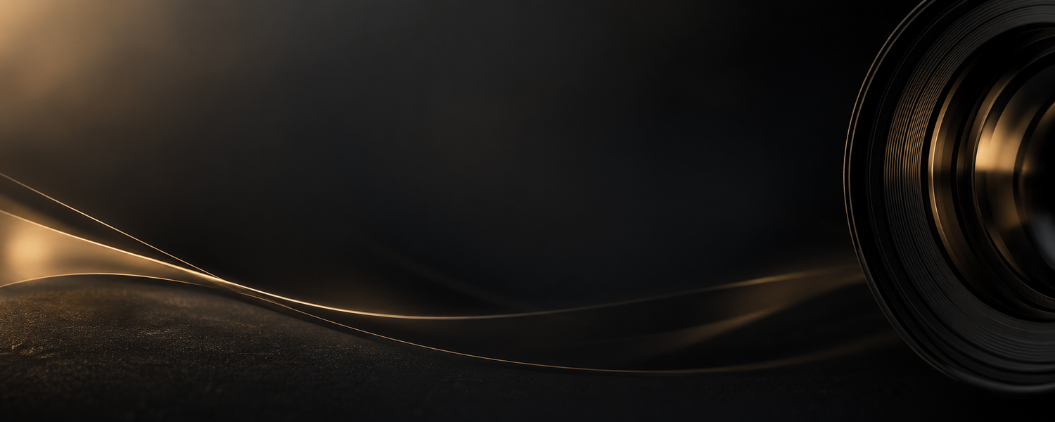 Dark premium background featuring golden flowing curves and camera lens for photography studio.