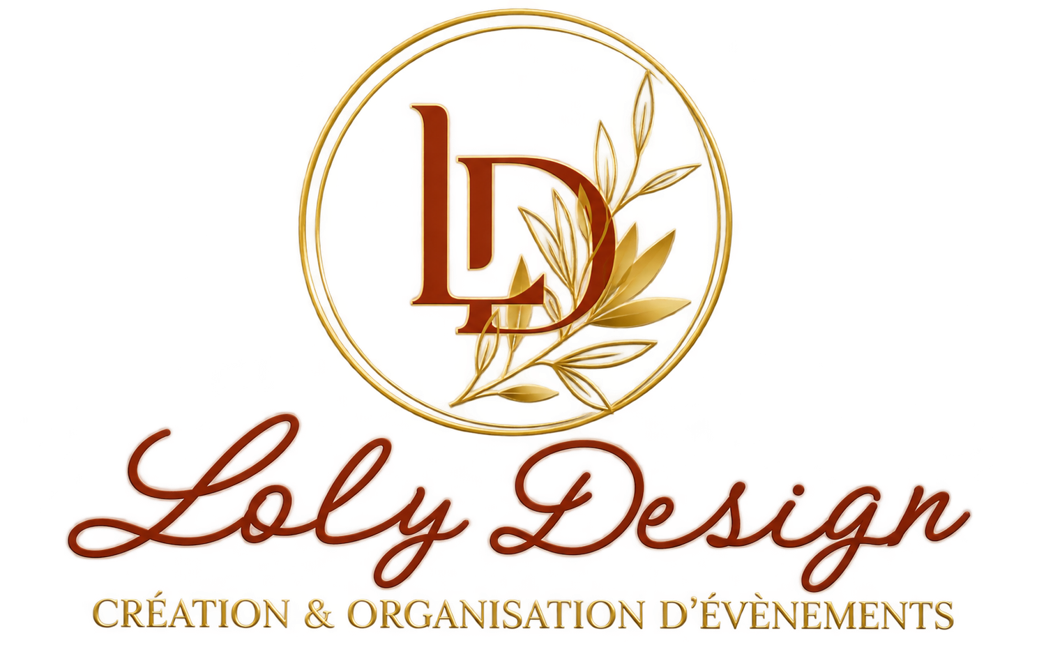 Loly Design premium event creation and organization company logo with golden botanical elements.
