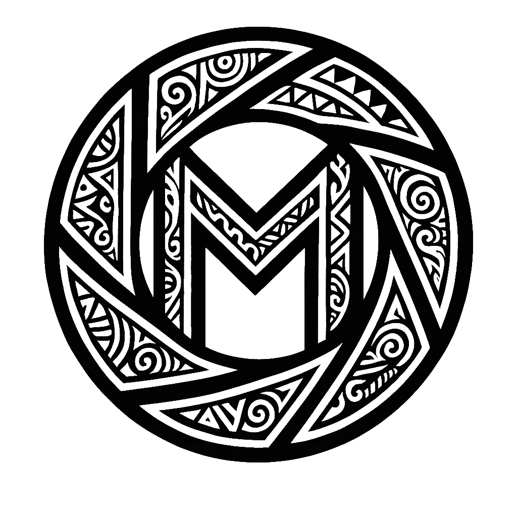 Black and white circular Maori tribal tattoo design featuring letter M with intricate patterns.
