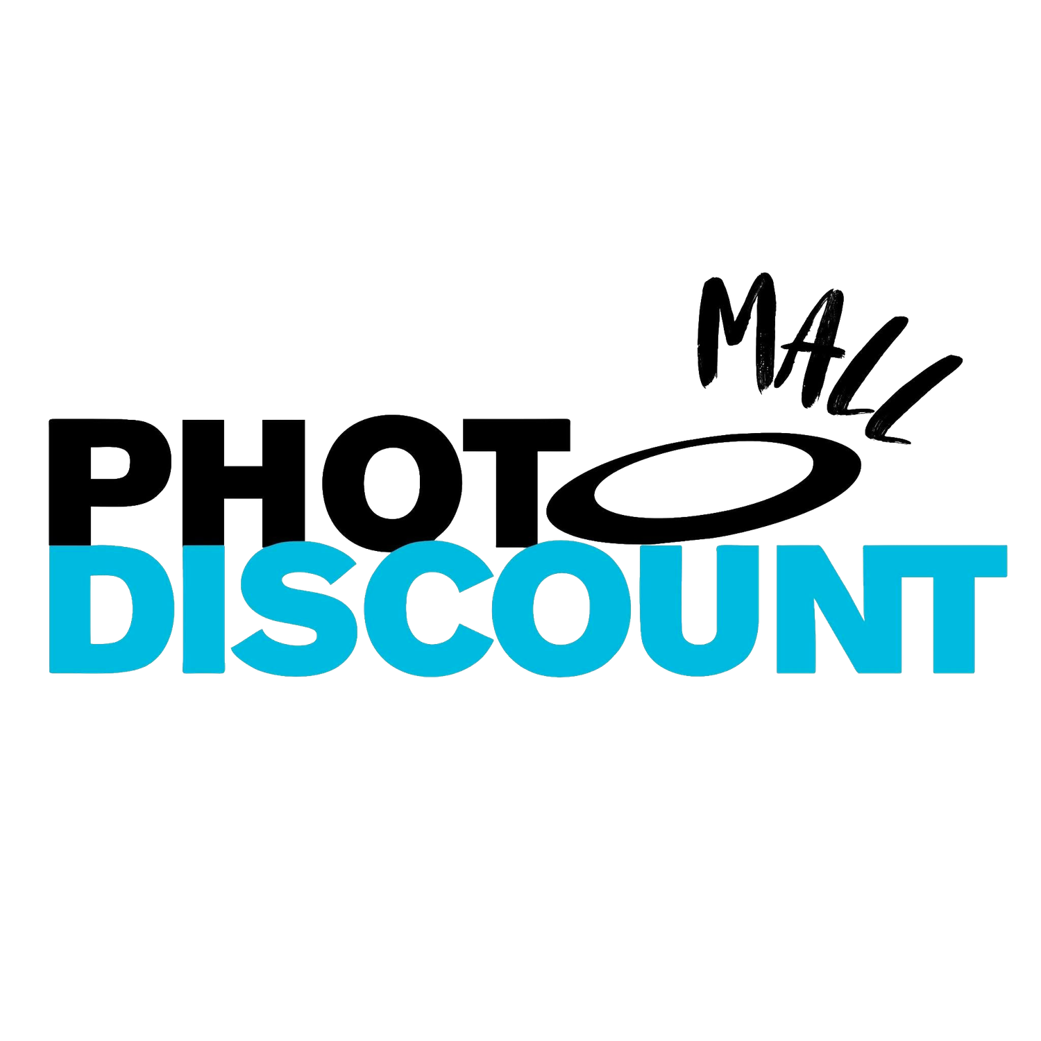 Photo Discount Mall logo featuring bold black and cyan typography with a circular lens design element.