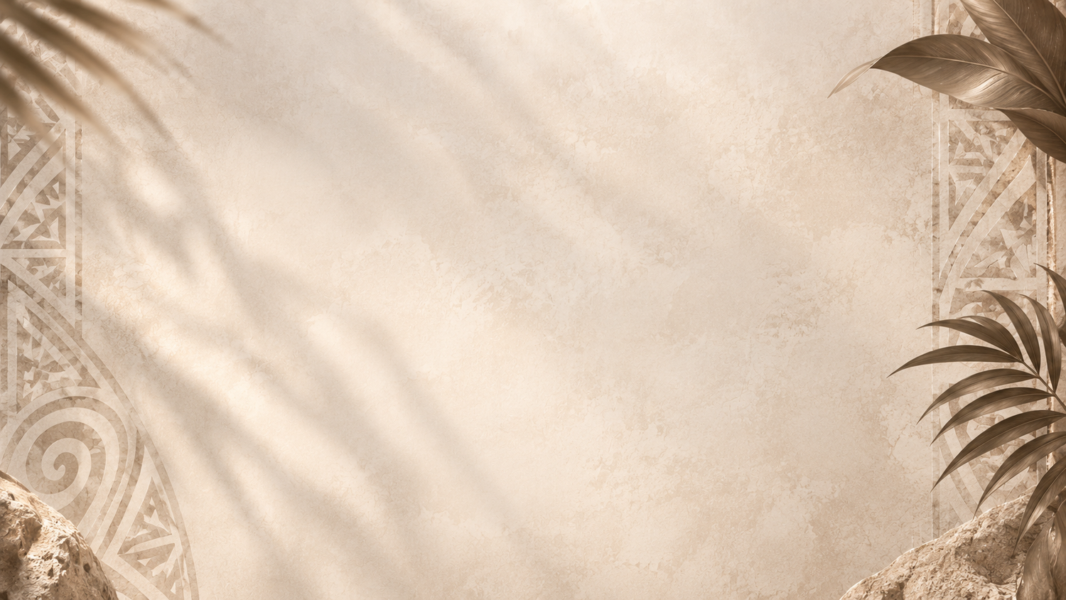 Beige stone texture background with tropical leaves and Polynesian tribal decorative border design.