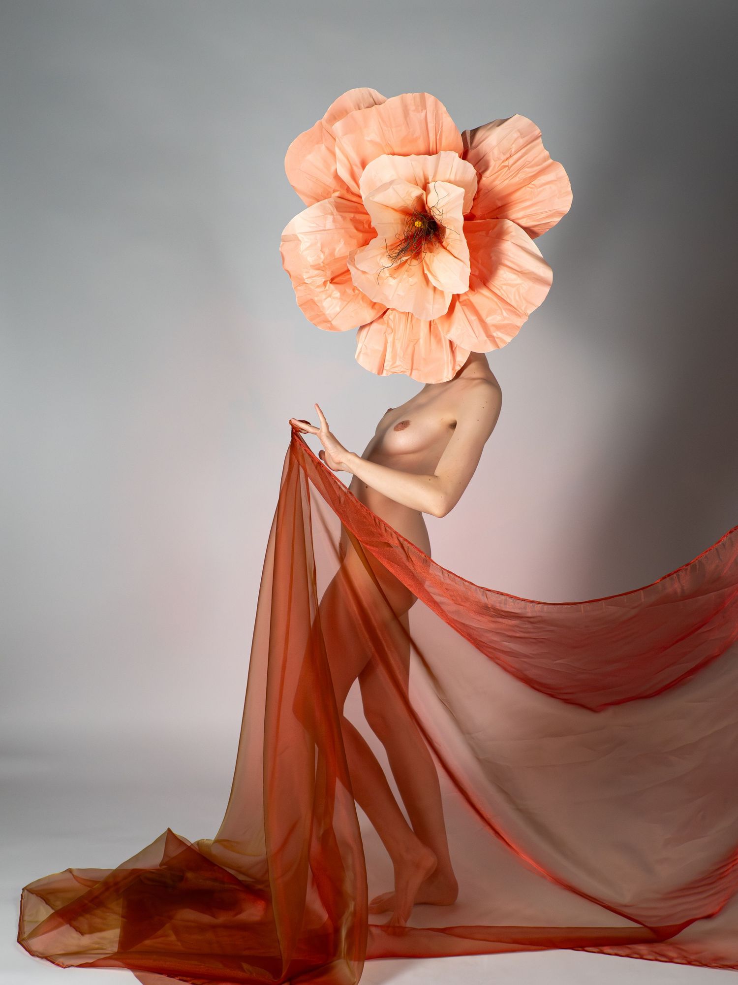 Artistic nude figure with oversized peach flower head wearing flowing coral sheer fabric drape.