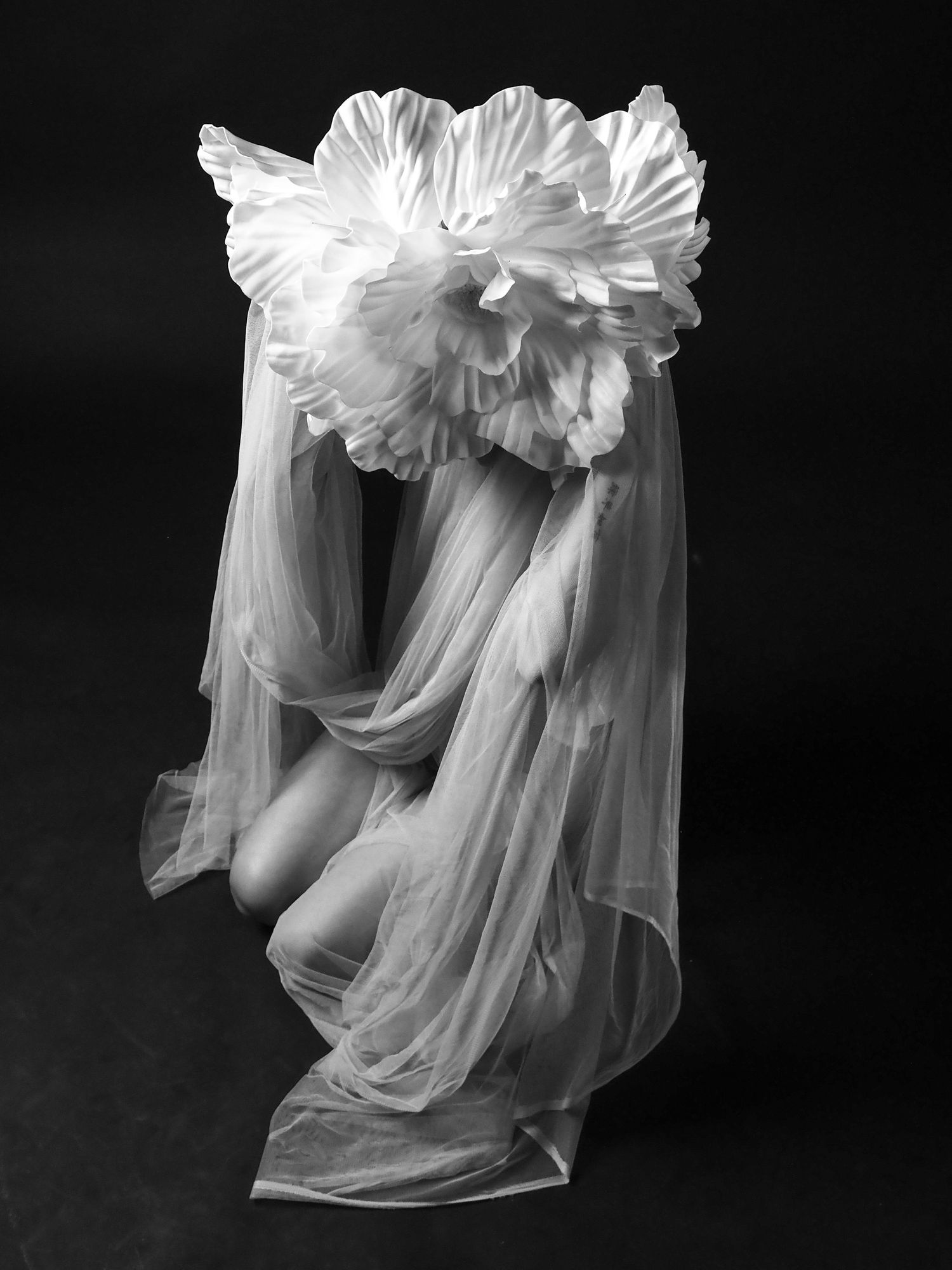 Black and white artistic nude figure draped in sheer veil beneath large white flower.