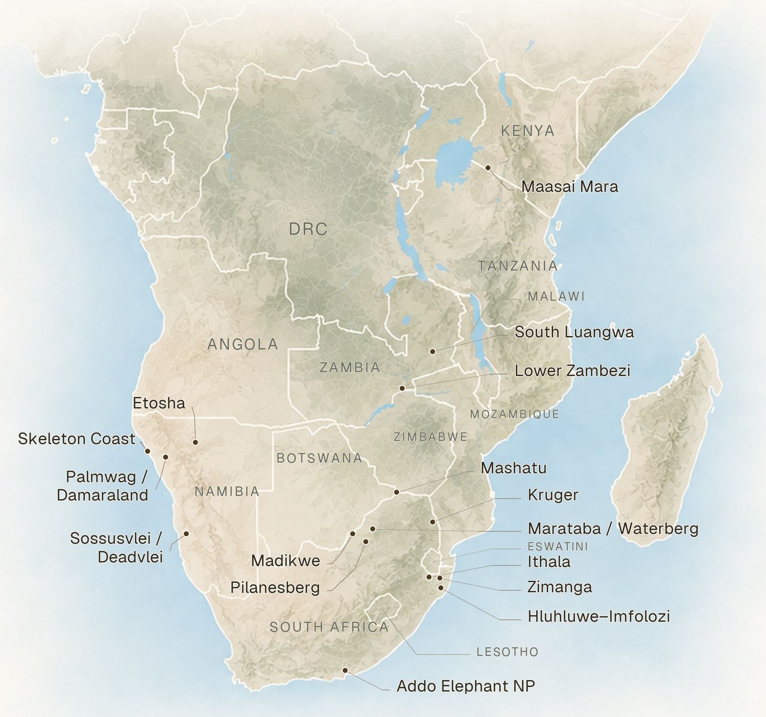 Wide map of sub-Saharan Africa marking safari photography spots across Namibia, Botswana, and South Africa.