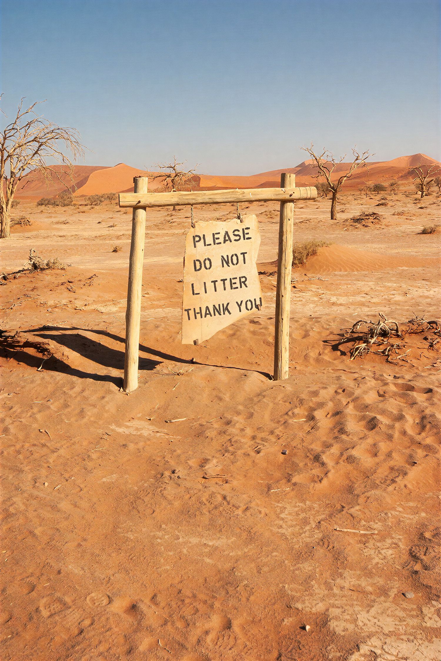 Wooden sign reading Please Do Not Litter Thank You in Deadvlei desert with red sand dunes and dead trees behind.