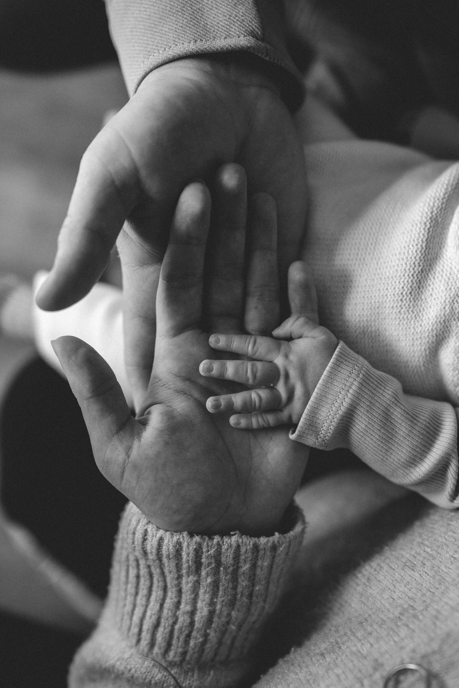 Black and white photo of a newborn baby's tiny hand resting on a parent's open palm.