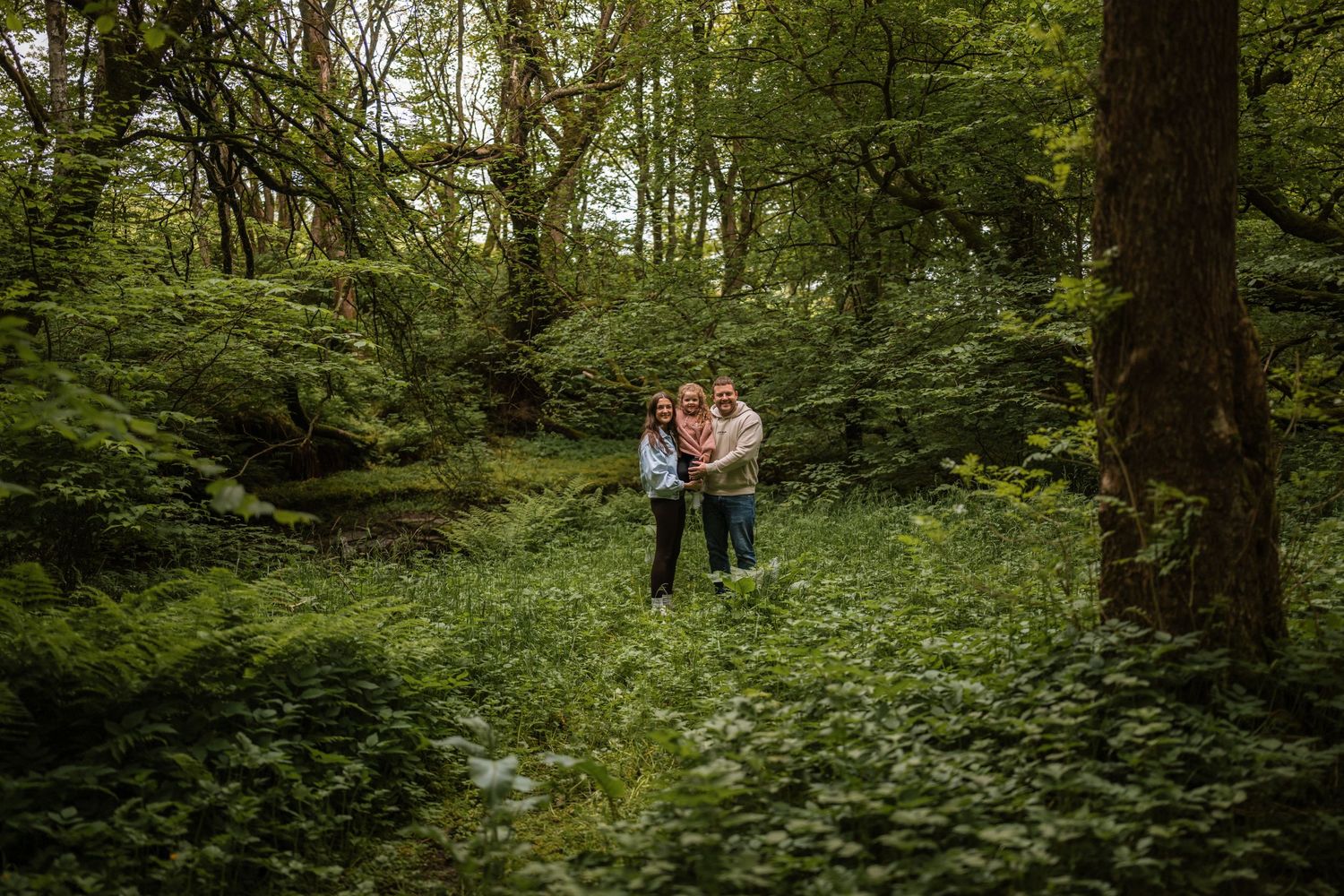 Parents holding their child stand together among lush green ferns and tall trees in a peaceful woodland.