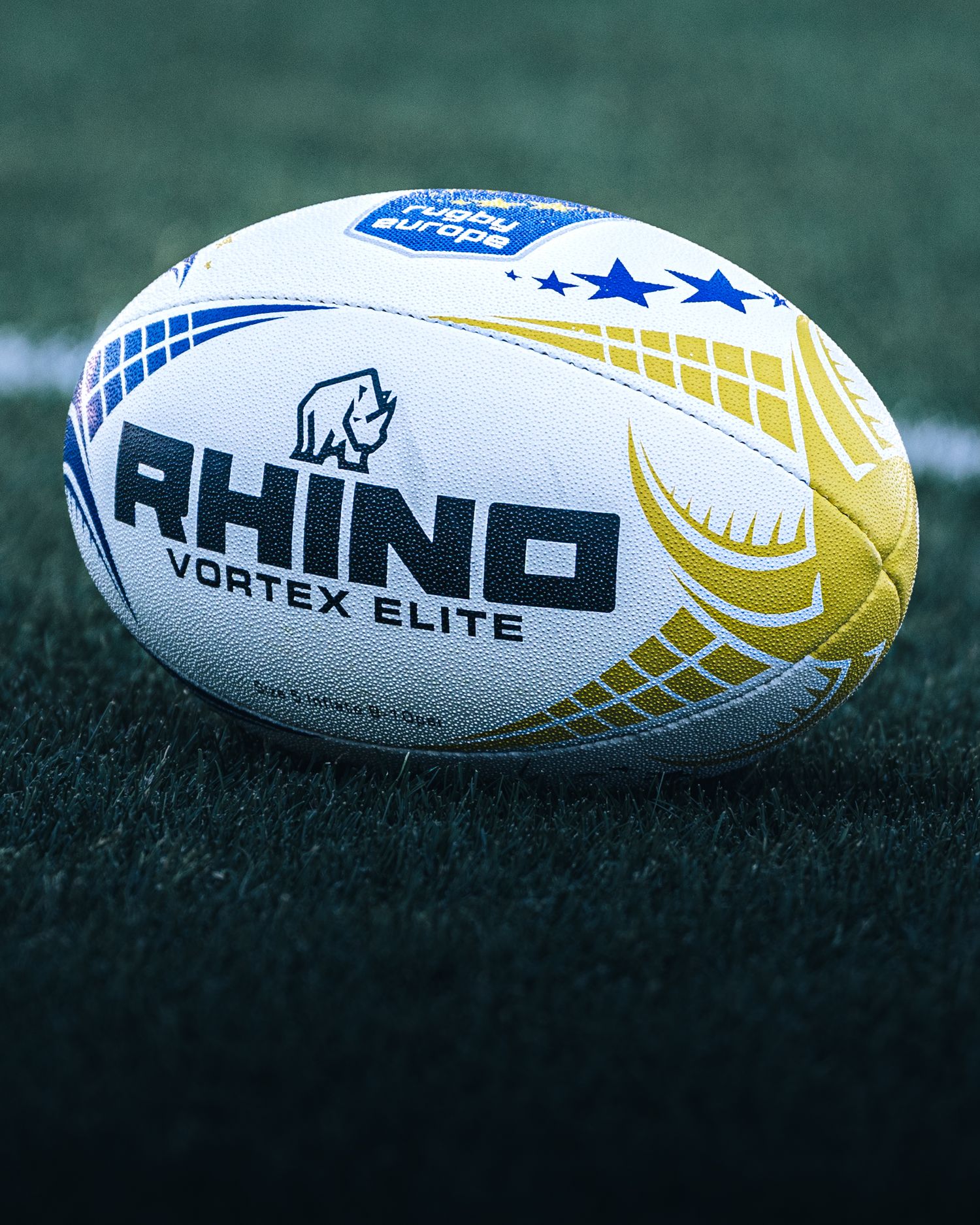 Rhino Vortex Elite rugby ball on green grass at rugby europe championship tournament.