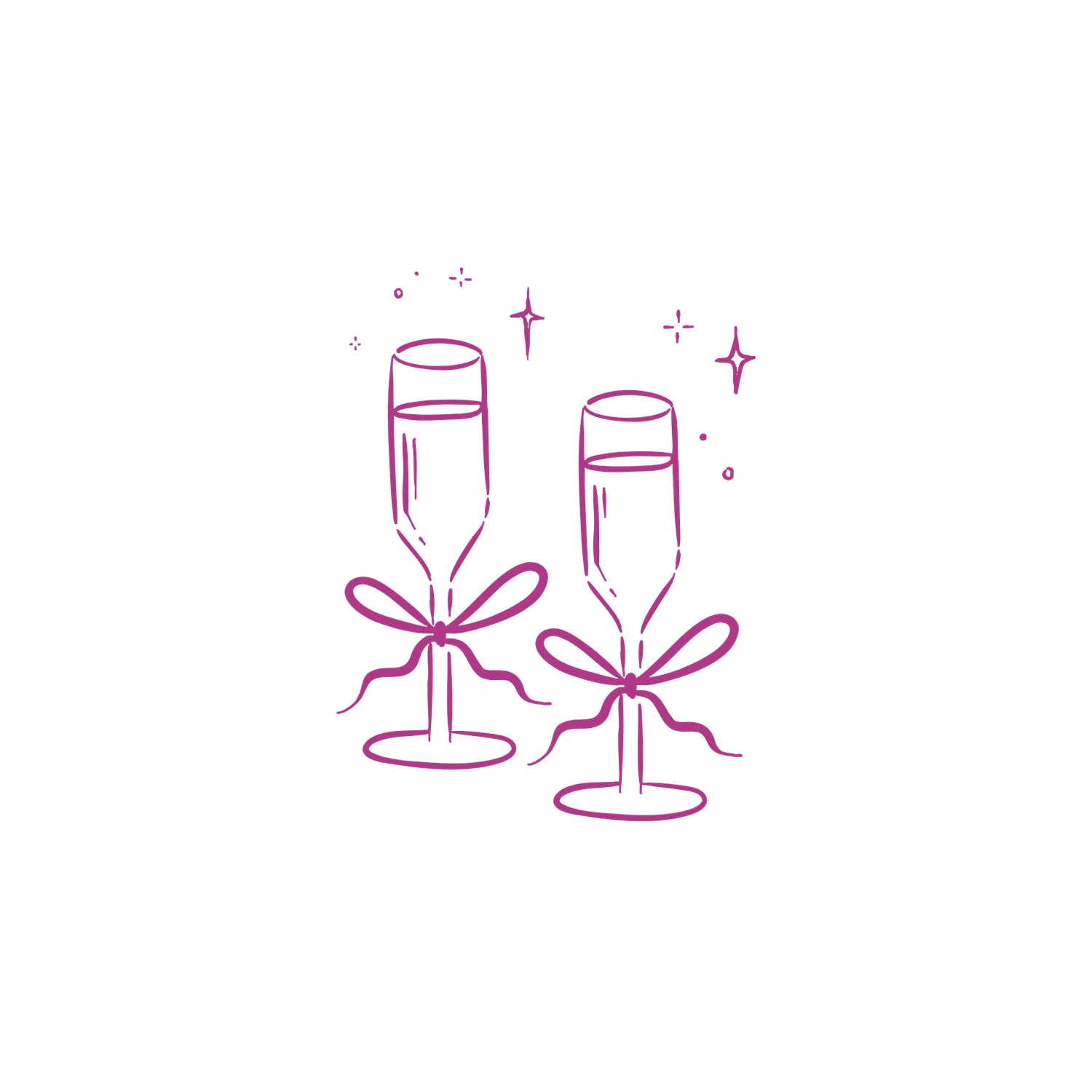 Pink line art illustration of two champagne flutes tied with bows on white background.