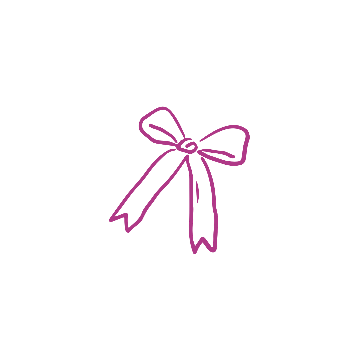 Pink hand-drawn ribbon bow illustration on white background.