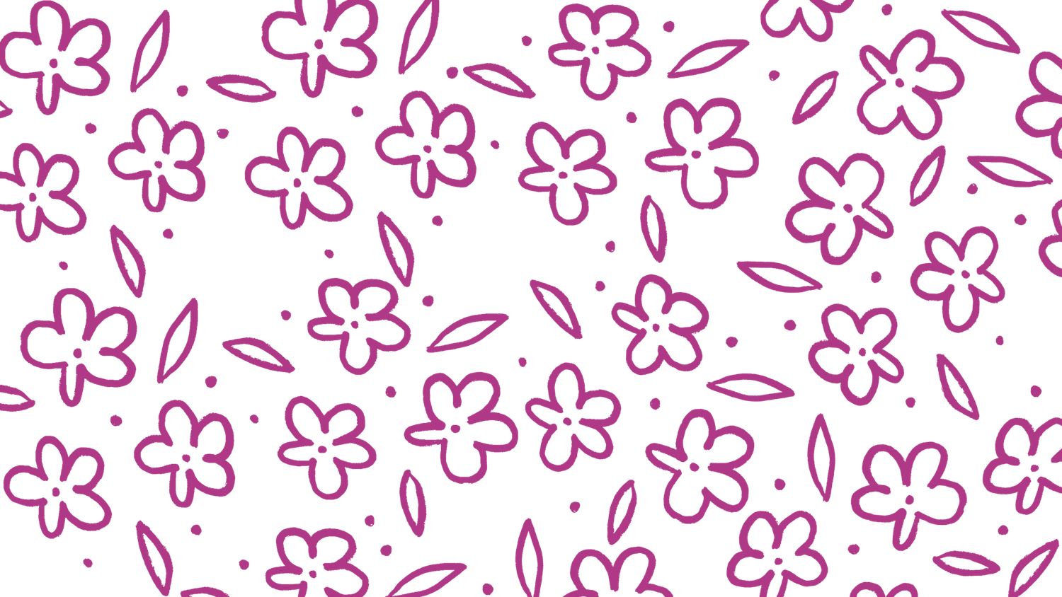 Pink outlined floral pattern with scattered flowers and petals on white background.