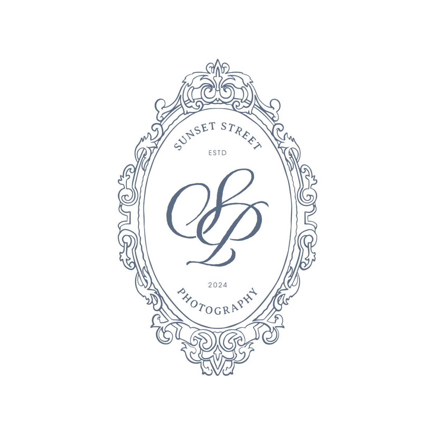 Sunset Street Photography vintage oval ornate logo with SSP monogram and decorative frame in blue.