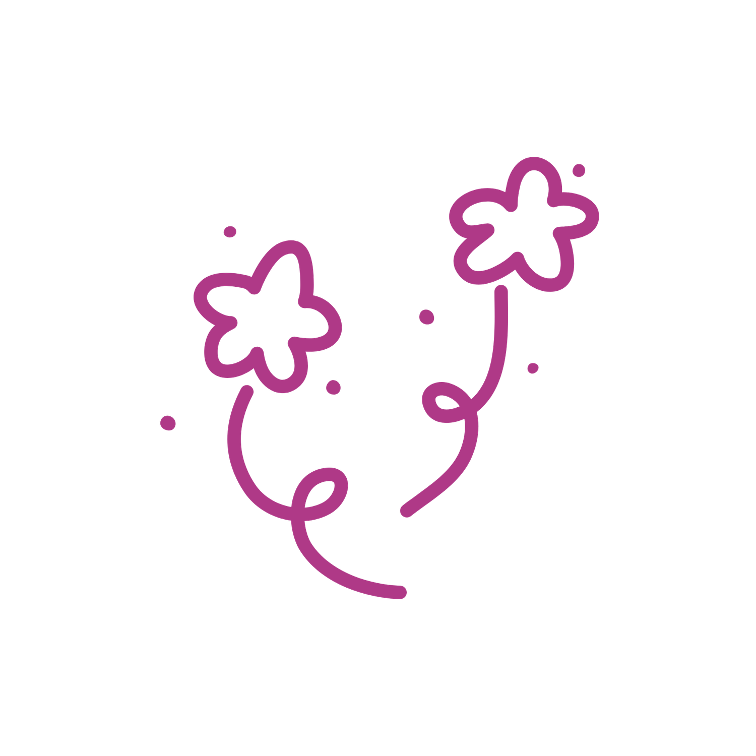 Minimalist pink line art illustration of two whimsical flowers on white background.