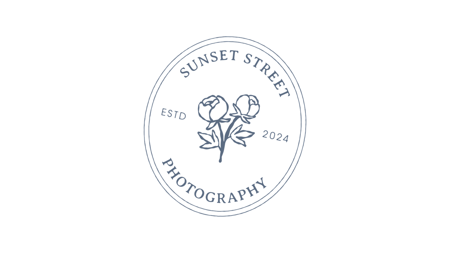 Sunset Street Photography vintage circular logo with rose illustration, established 2024.