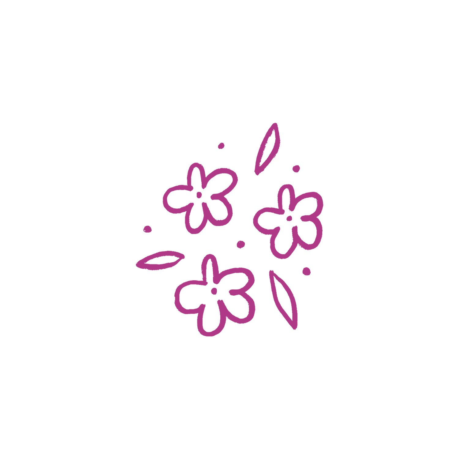 Pink hand-drawn floral doodle illustration with three simple flowers and leaves on white background.