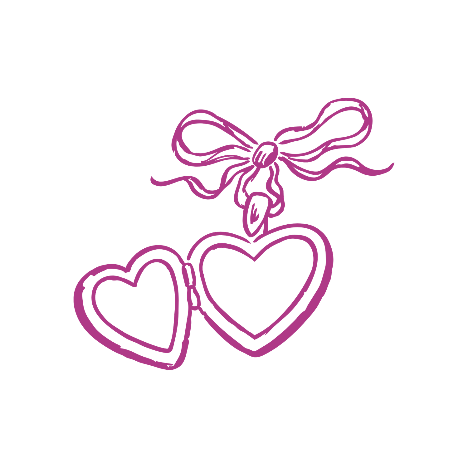 Pink hand-drawn heart locket pendant with ribbon bow, open showing two hearts, on white background.