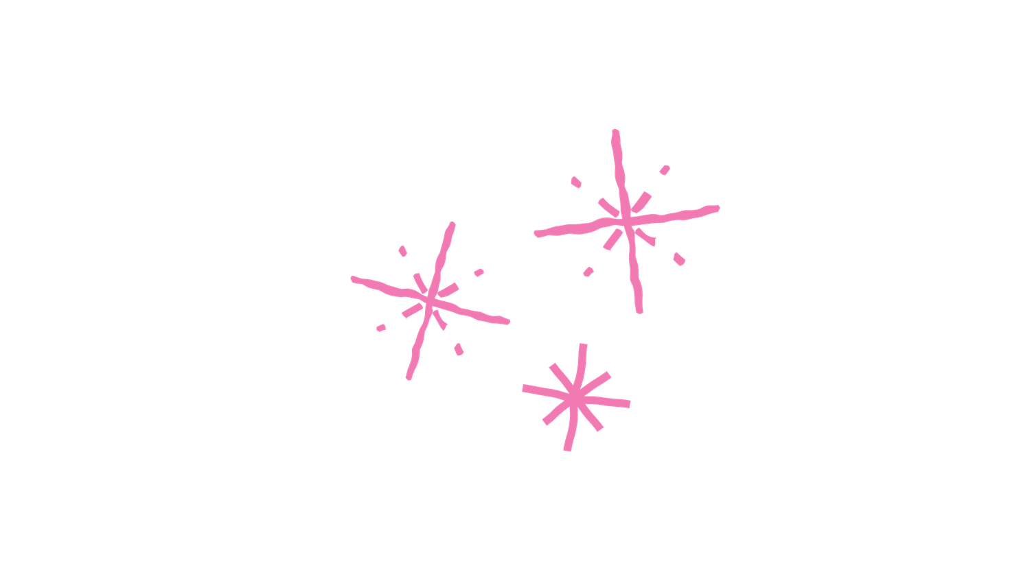 Three pink hand-drawn sparkle star burst decorations on white background.