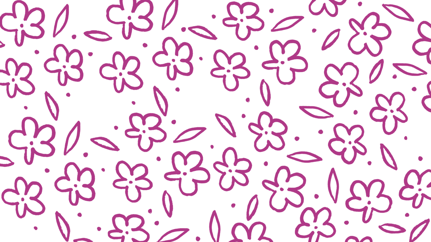 Pink hand-drawn floral pattern with petals and dots on white.