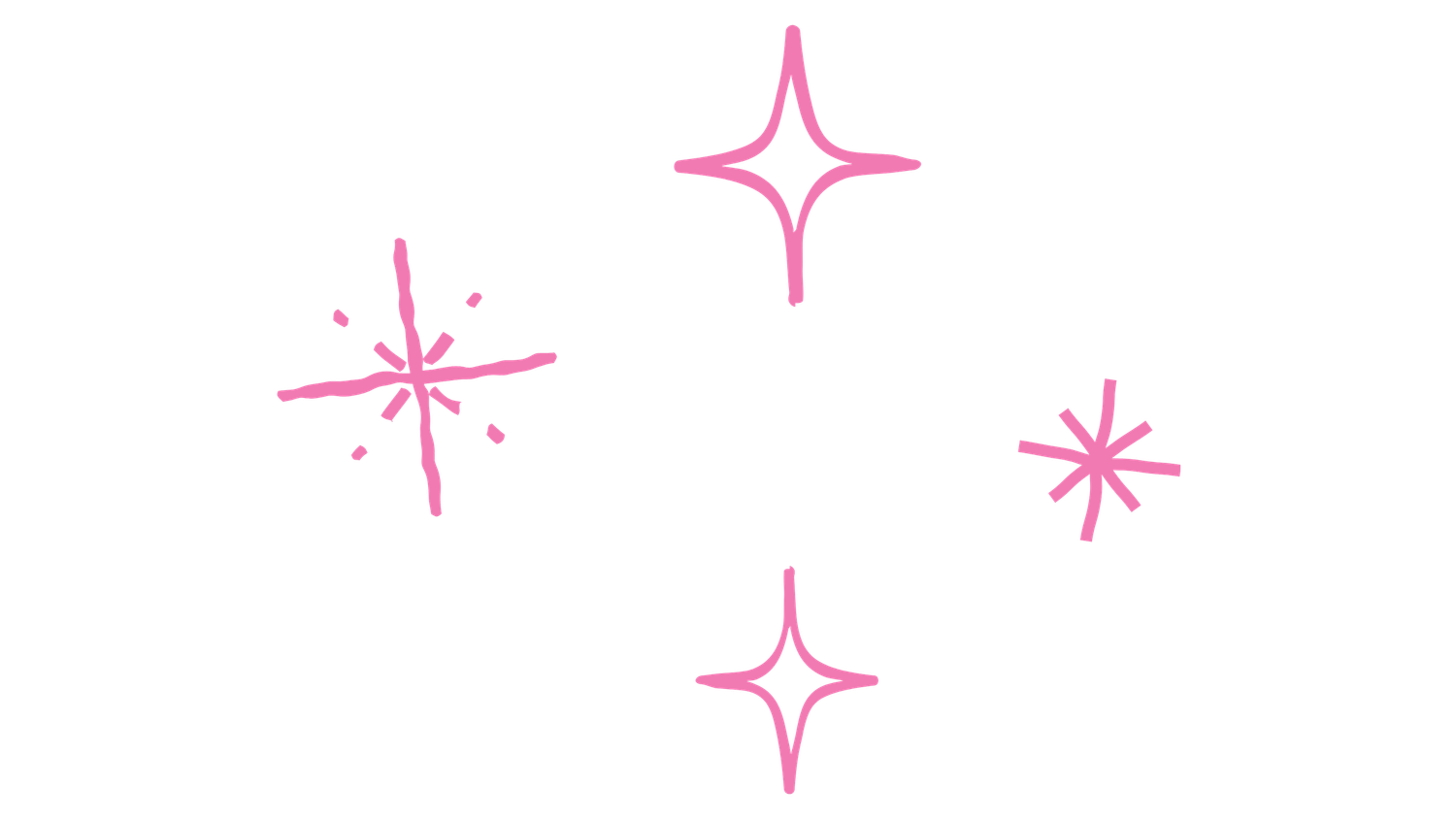 Pink hand-drawn sparkle stars and asterisk decorative elements on white background.