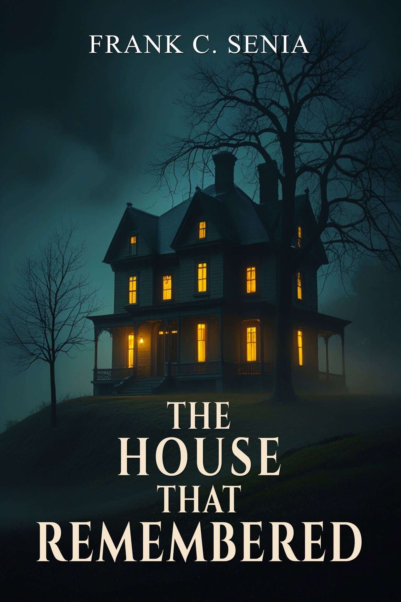 Book cover of The House That Remembered by Frank C. Senia, featuring a mysterious illuminated house against a dark nighttime background.