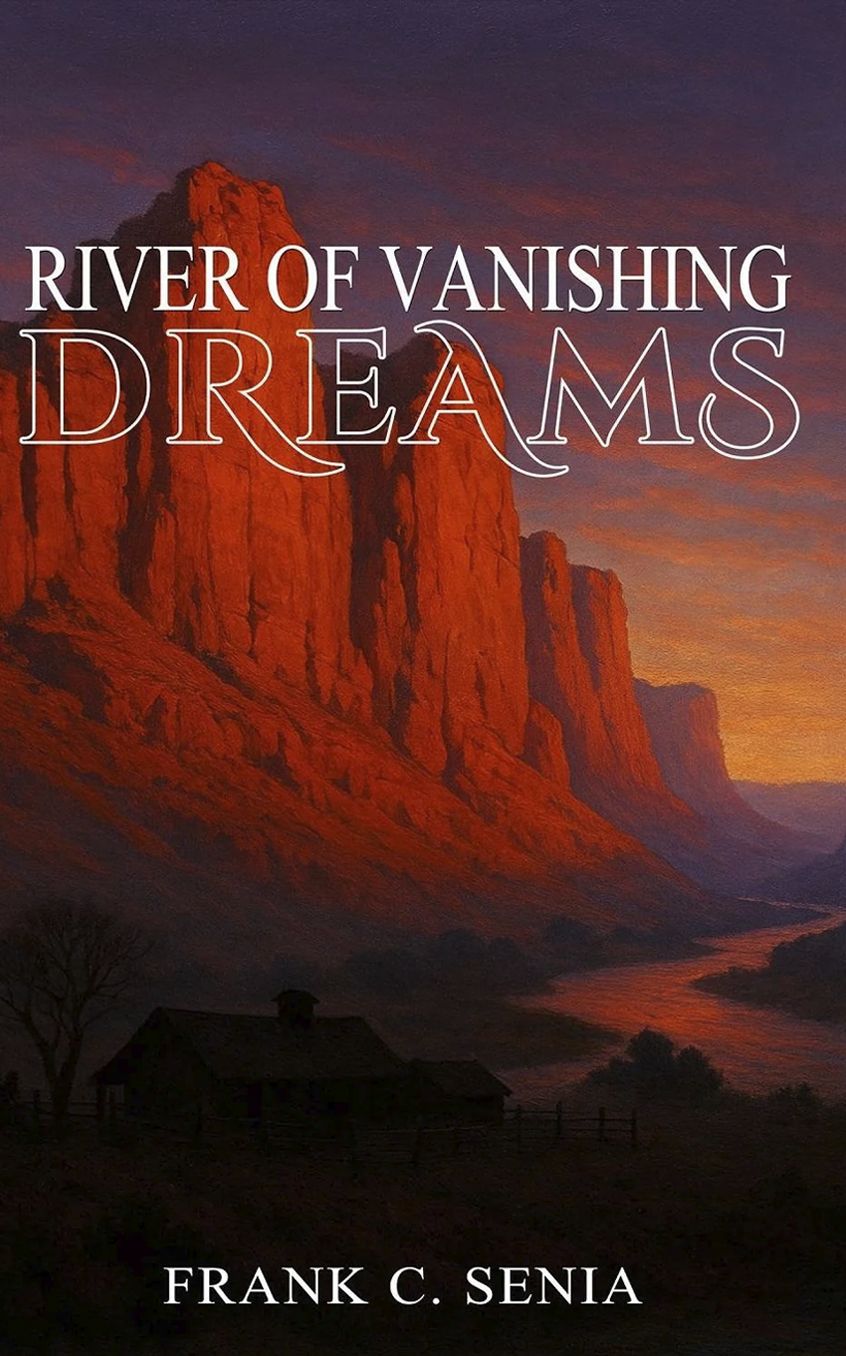 Book cover of River of Vanishing Dreams by Frank C. Senia, featuring a dramatic red-rock canyon landscape.