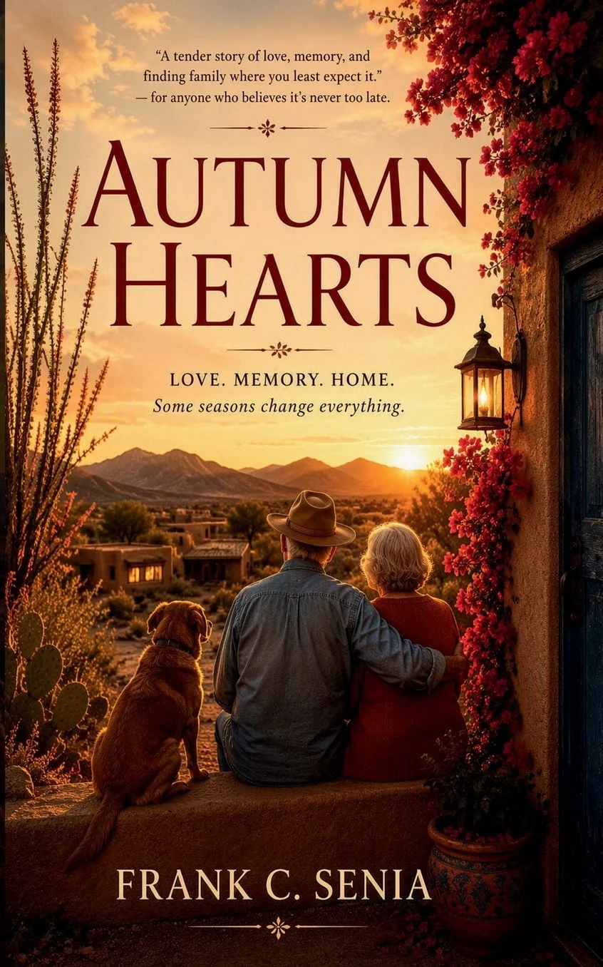 Book cover of Autumn Hearts by Frank C. Senia, featuring a warm autumn scene surrounded by colorful fall leaves.