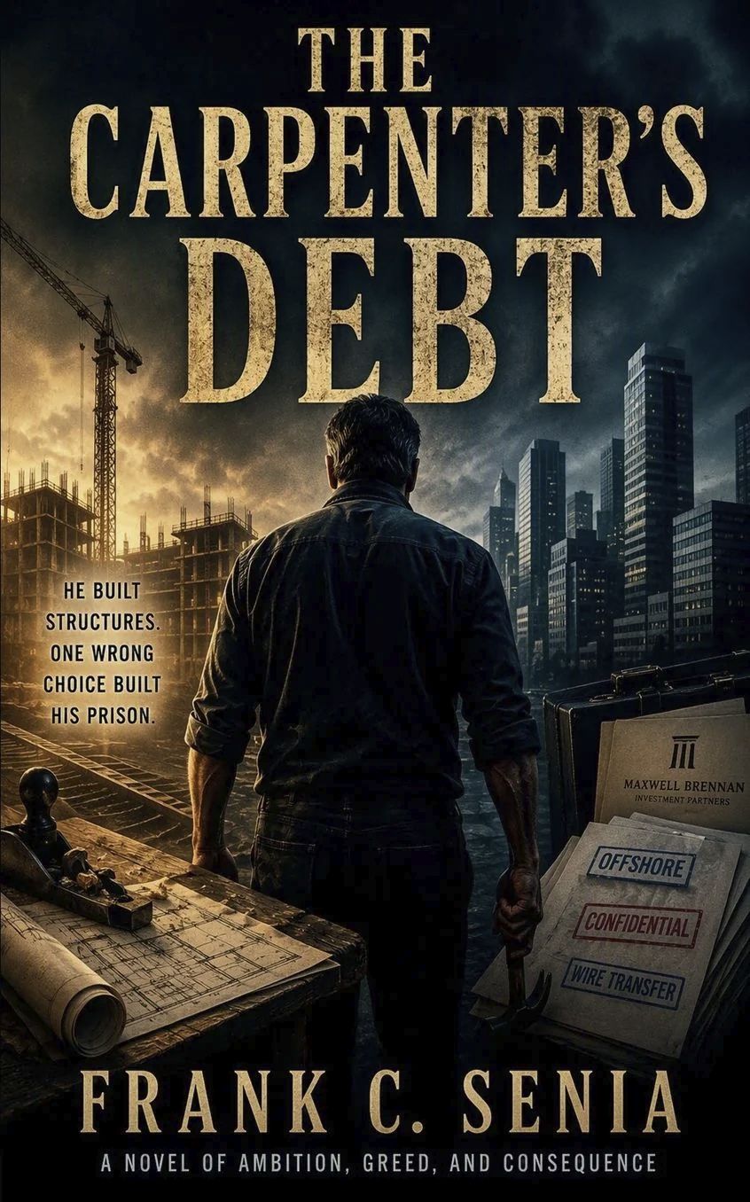 Book cover of The Carpenter’s Debt by Frank C. Senia, featuring a carpenter in a workshop with a dramatic background.