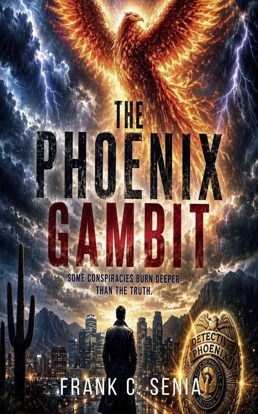 Book cover of The Phoenix Gambit by Frank C. Senia, featuring a dramatic phoenix with fiery wings.