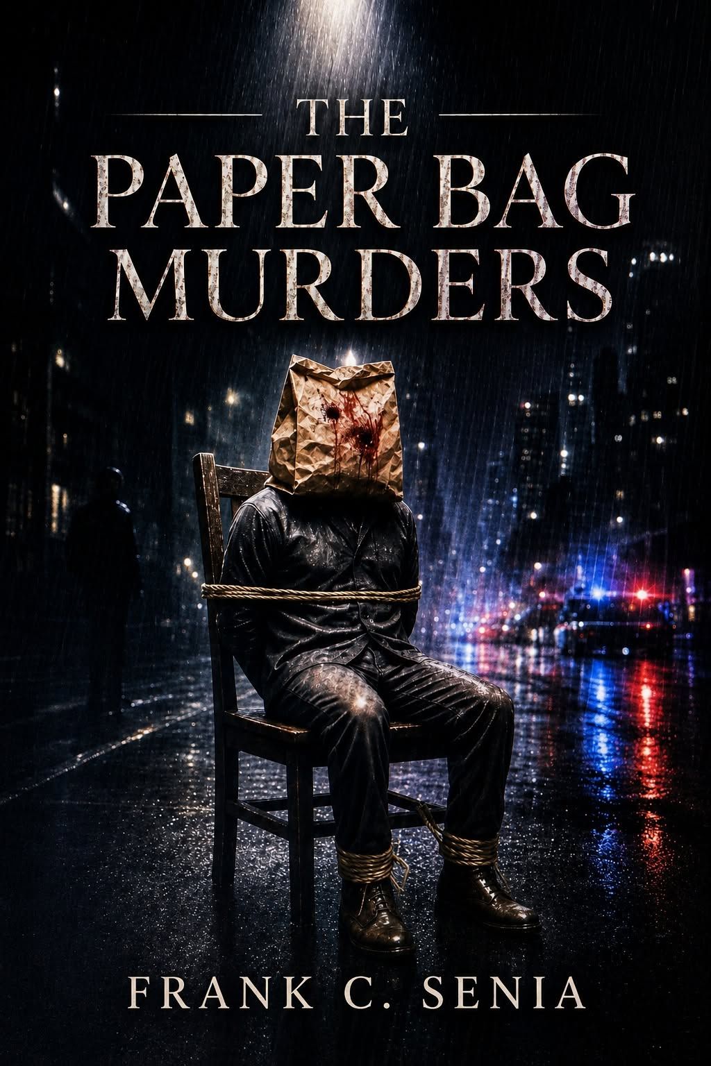 Book cover of The Paper Bag Murders by Frank C. Senia, featuring a mysterious figure with a paper bag against a dark crime-thriller backgrou