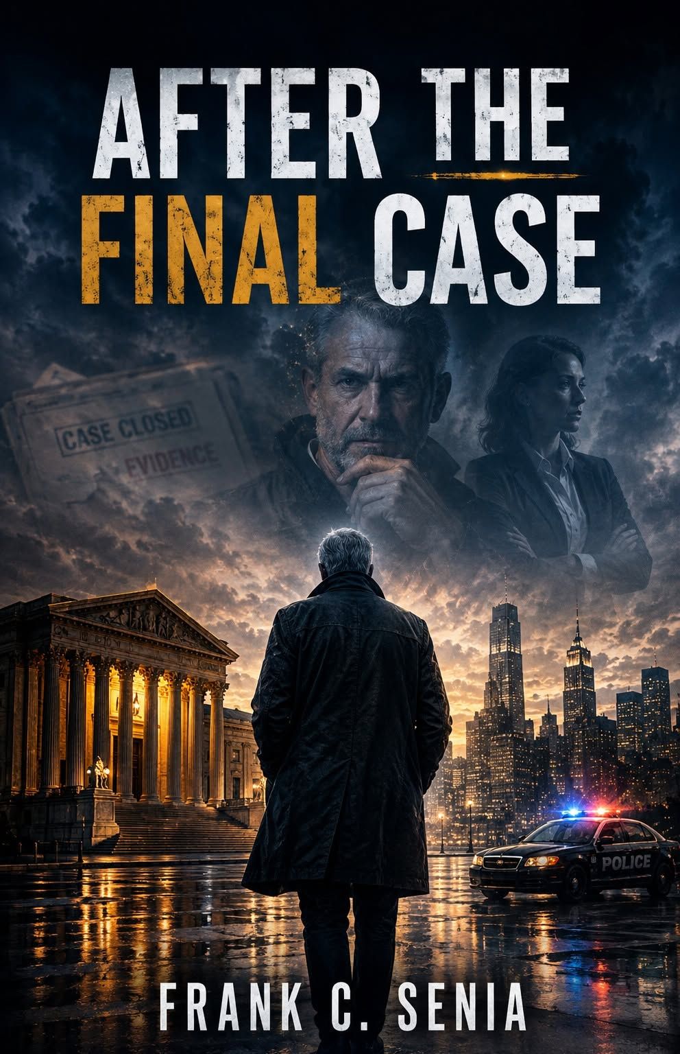 Book cover of After the Final Case by Frank C. Senia, featuring a lone figure against a dark and dramatic mystery background.