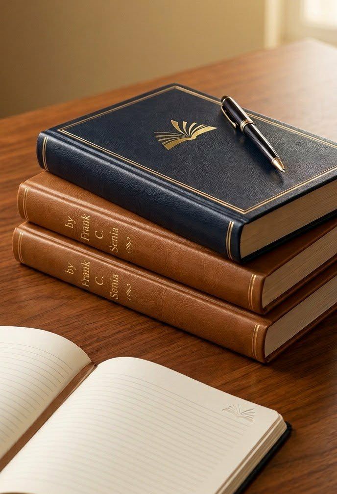 Stack of books with a notebook, pen, and open book, representing writing and the creative work of author Frank C. Senia.
