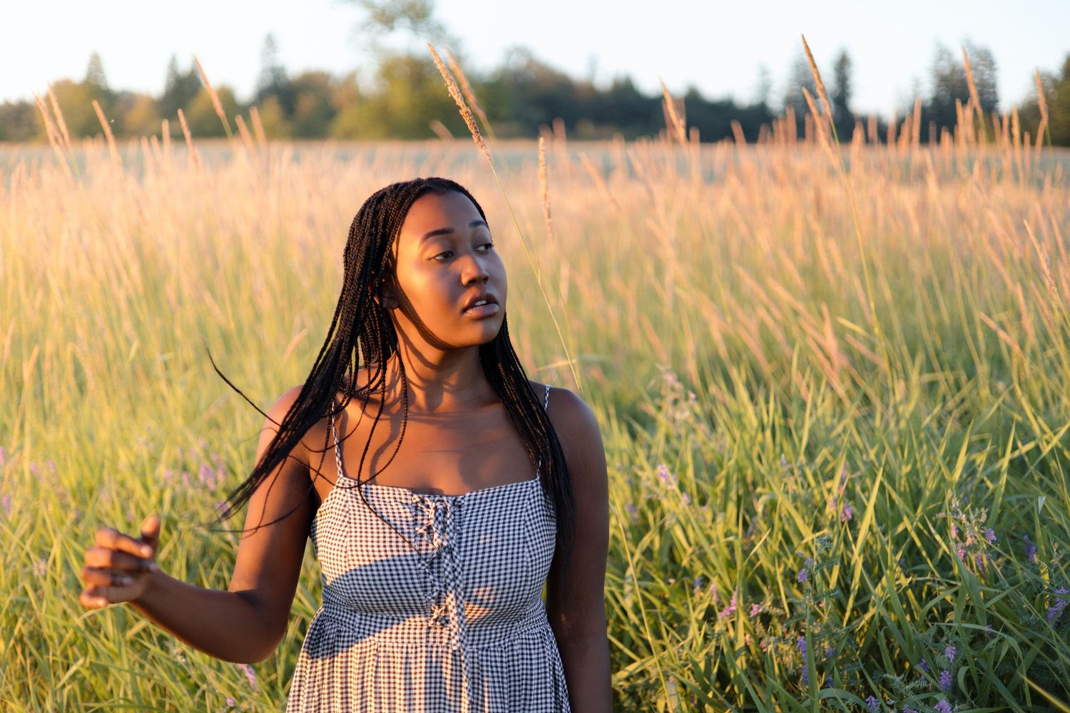 A woman in a white sundress poses gracefully in a golden field during sunset.