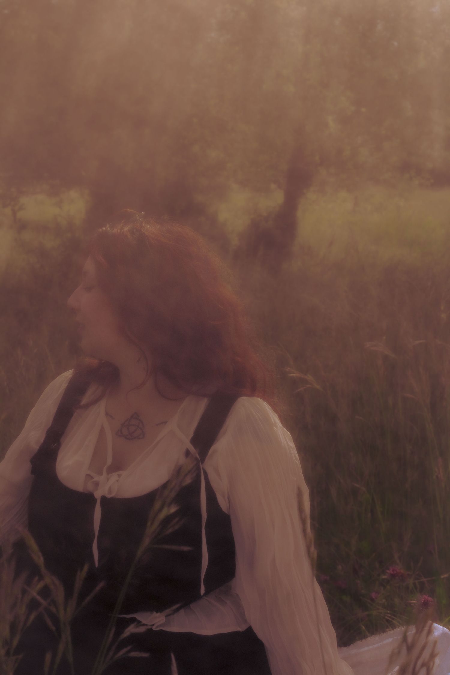Image de shooting Mystic avec une lumière tamisée et une ambiance rêveuse. Portrait artistique en extérieur, mettant en scène un univers fée