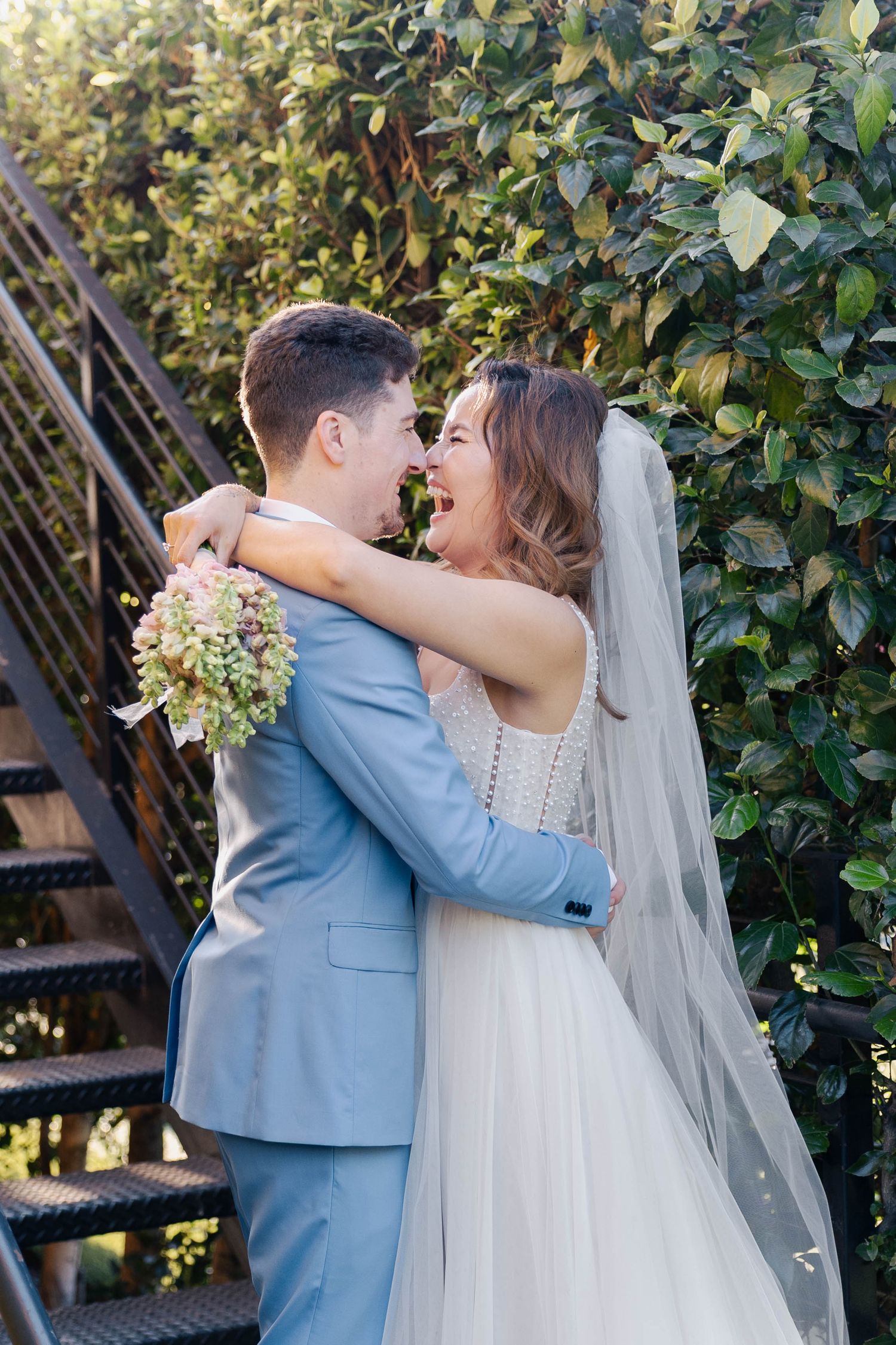 A romantic wedding photo sequence shows a couple in light blue suit and white dress embracing against a green garden backdrop.