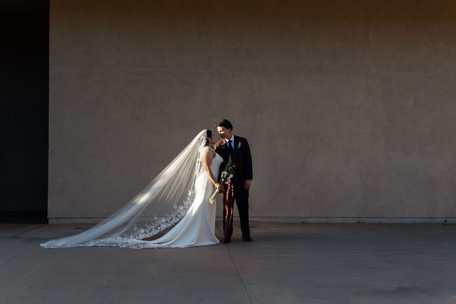Bride and groom share a romantic kiss, with a flowing cathedral veil, against a neutral wall backdrop.