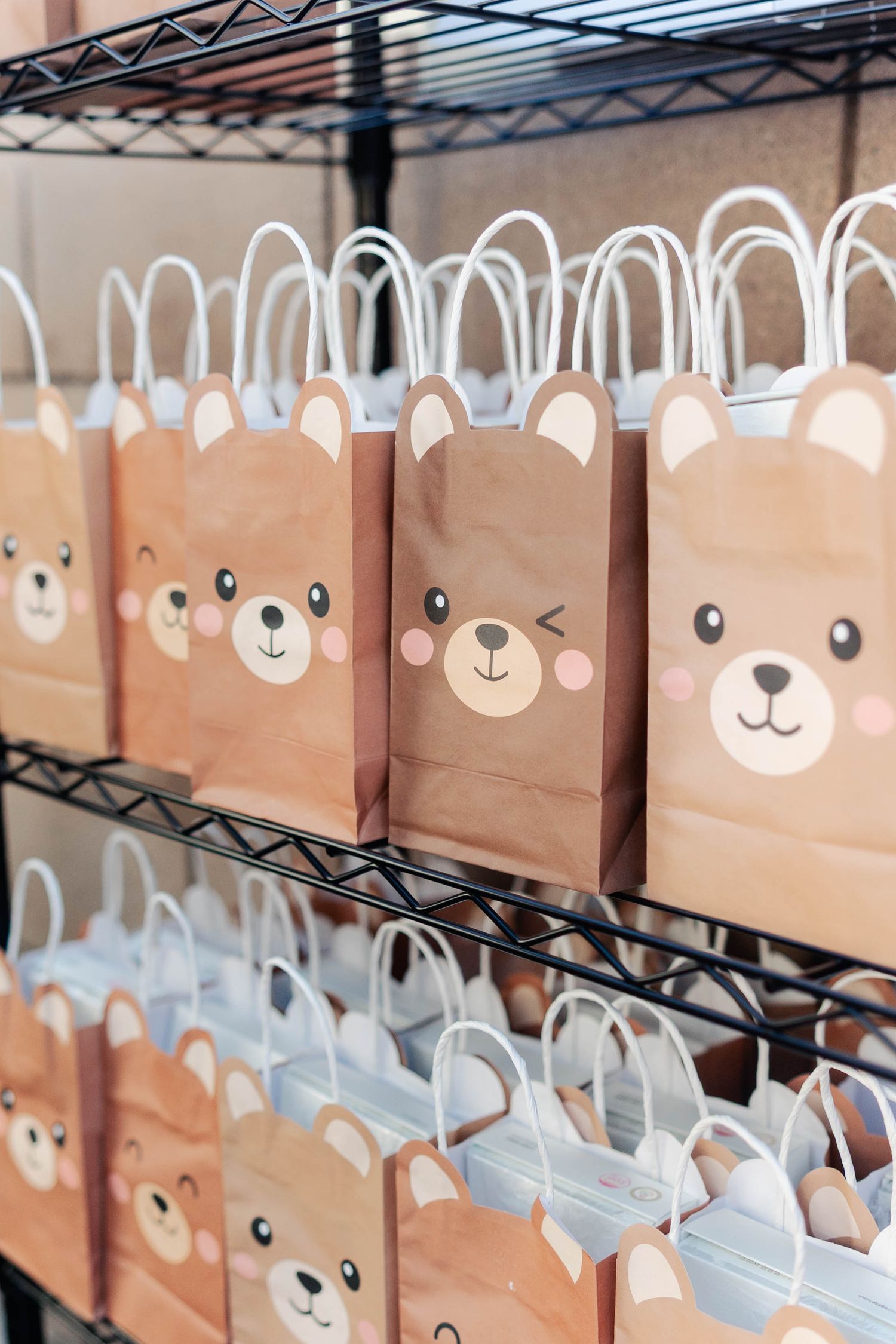 Rows of brown paper gift bags with cute animal faces drawn on them hang from wire shelving in a retail display.