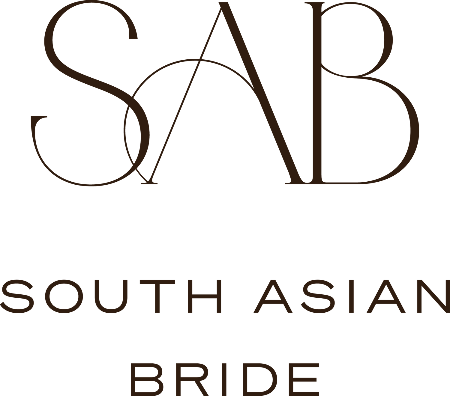 Elegant SAB South Asian Bride logo in dark brown serif typography on white background.