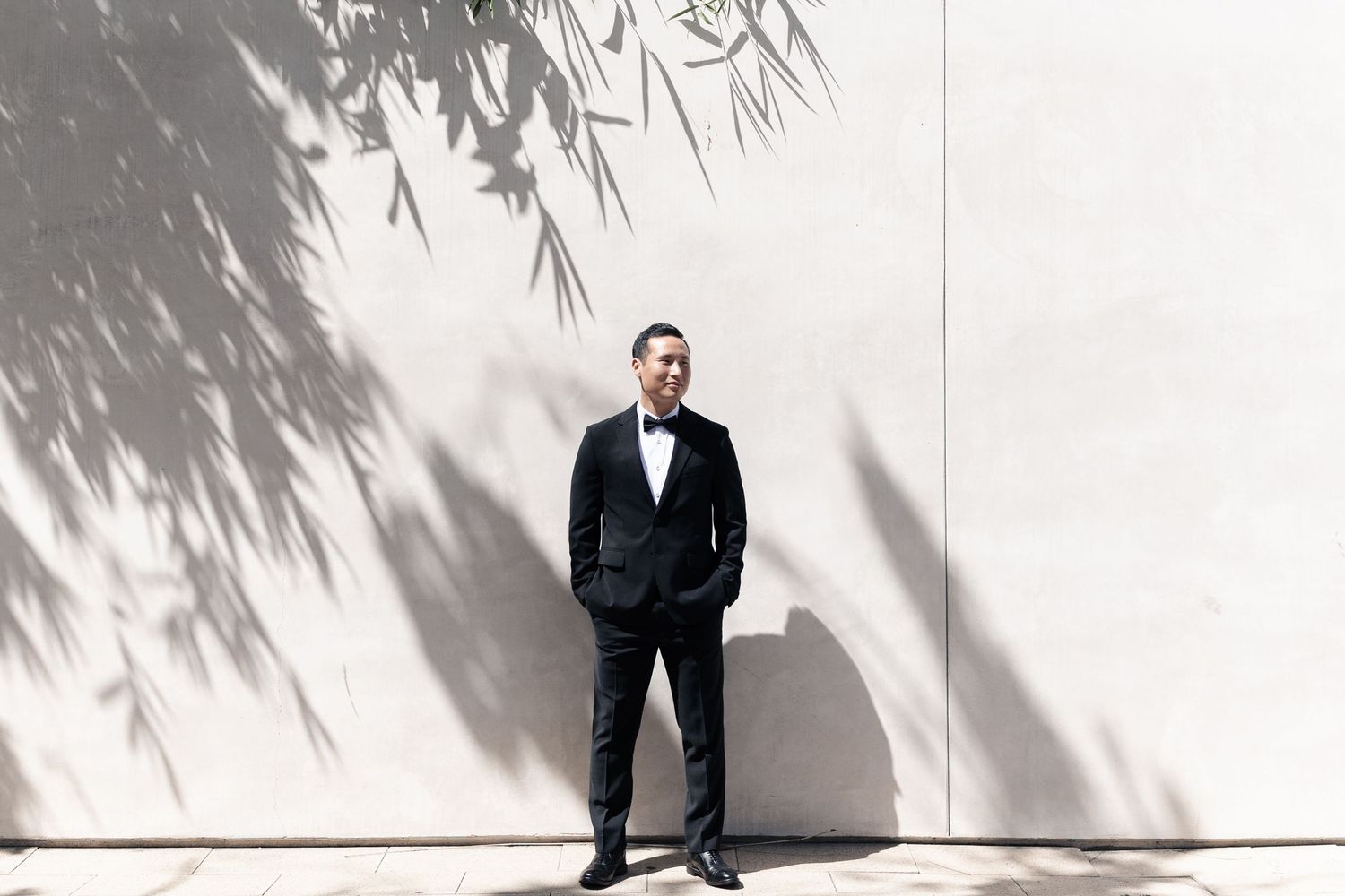 Man in black tuxedo and bow tie standing against white wall with palm leaf shadows.