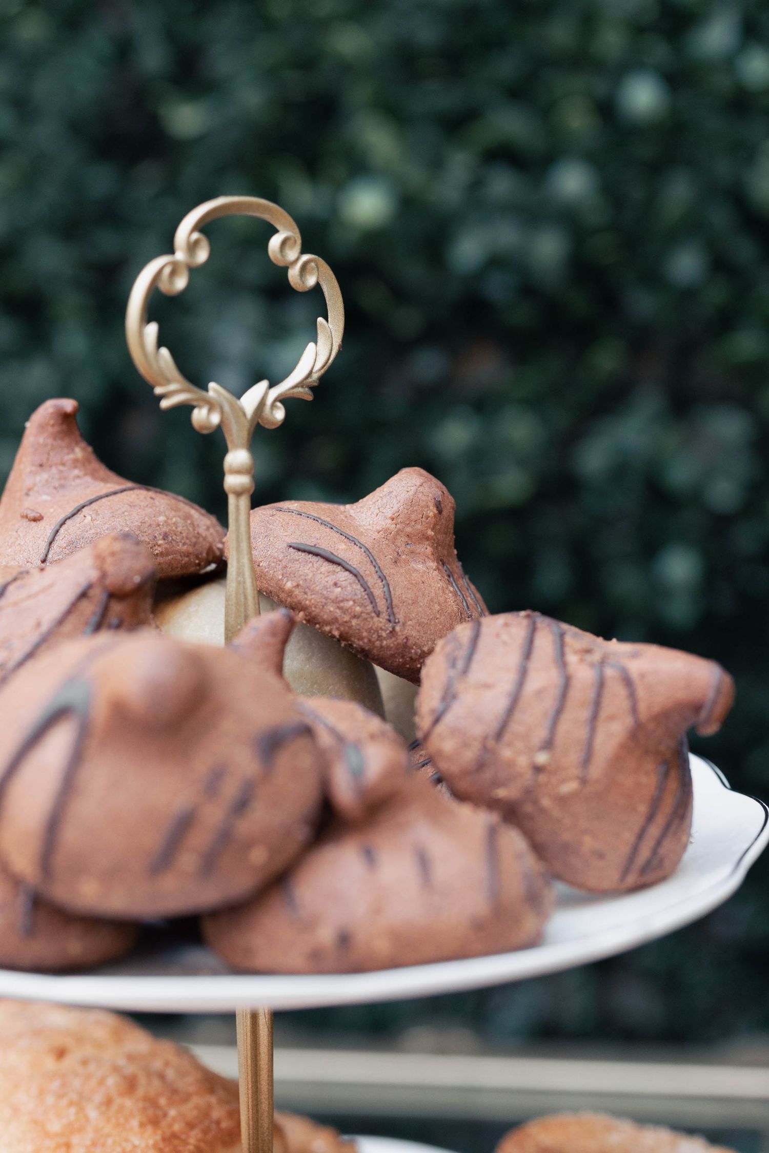 Chocolate-colored deer-shaped cookies with decorative antlers displayed on a white plate against a dark background.