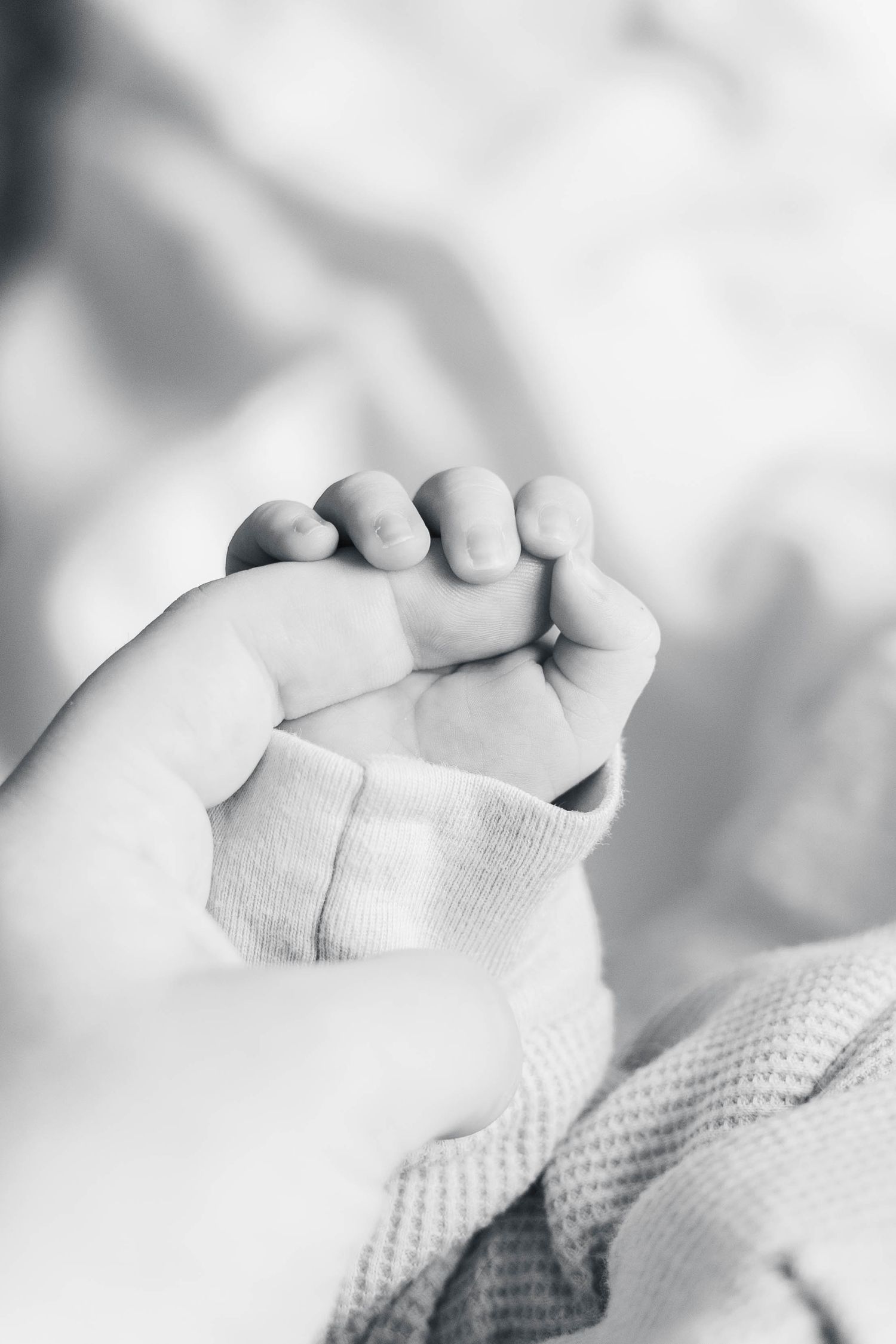 Close-up black and white image of tiny newborn baby feet.